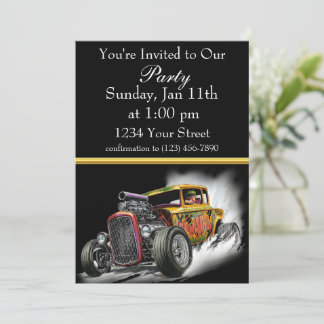 Invitation de fête Hot Rod avec bande de feuille d