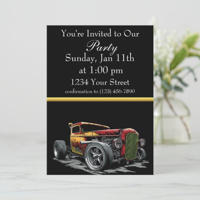Invitation de fête Hot Rod avec bande de feuille d (Debout devant)