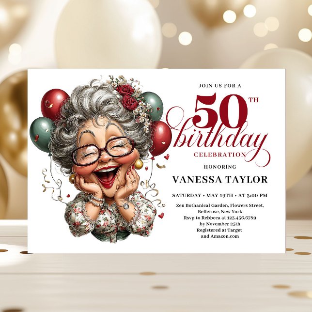 Invitation de fête humoristique pour les 50 ans d' (Vintage Funny Lady 50th Birthday Humor Party Invitation)