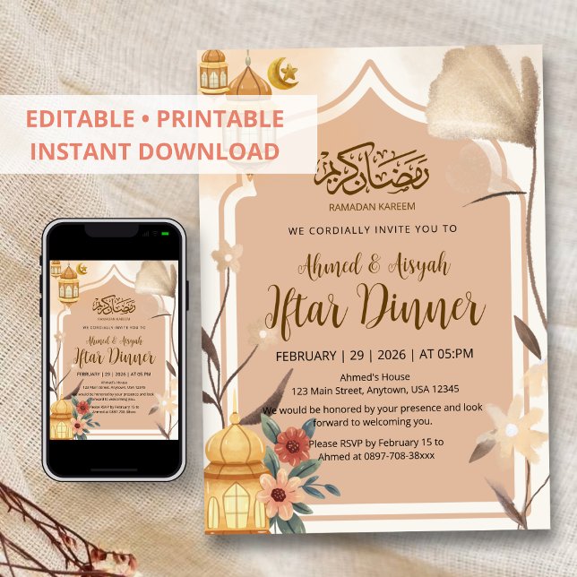 Invitation de fête Iftar florale boho terreuse (Créateur téléchargé)