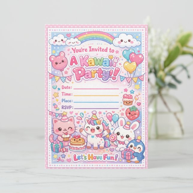 Invitation de fête Kawaii – Anniversaire pastel mi (Debout devant)