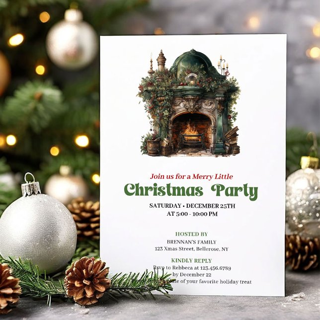 Invitation de fête magique de Noël au coin du feu  (Magical vintage Christmas angel party invitation

)