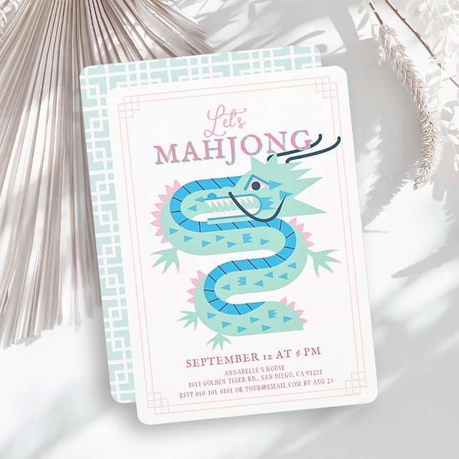 Invitation de fête Mahjong Dragon Vert Jade Rose C (Créateur téléchargé)