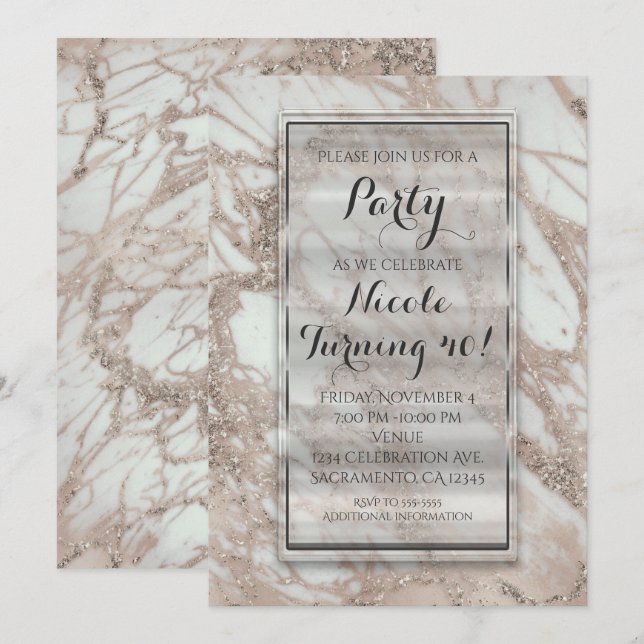 Invitation de fête Marbre Glam Rose Rose Pink Or A (Devant / Derrière)