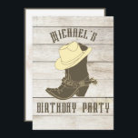 Invitation de fête masculine Cowboy Anniversaire<br><div class="desc">Une invitation à la fête d'anniversaire à thème rustique cowboy ou cowgirl. Un casquette de cowboy avec des bottes de cowboy. Modifiez les informations pour votre propre invitation personnalisée à la fête d'anniversaire personnelle.</div>