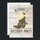 Invitation de fête masculine Cowboy Anniversaire<br><div class="desc">Une invitation à la fête d'anniversaire à thème rustique cowboy ou cowgirl. Un casquette de cowboy avec des bottes de cowboy. Modifiez les informations pour votre propre invitation personnalisée à la fête d'anniversaire personnelle.</div>