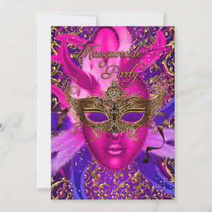 Invitation de fête masquée Feather Pink & Gold Mas