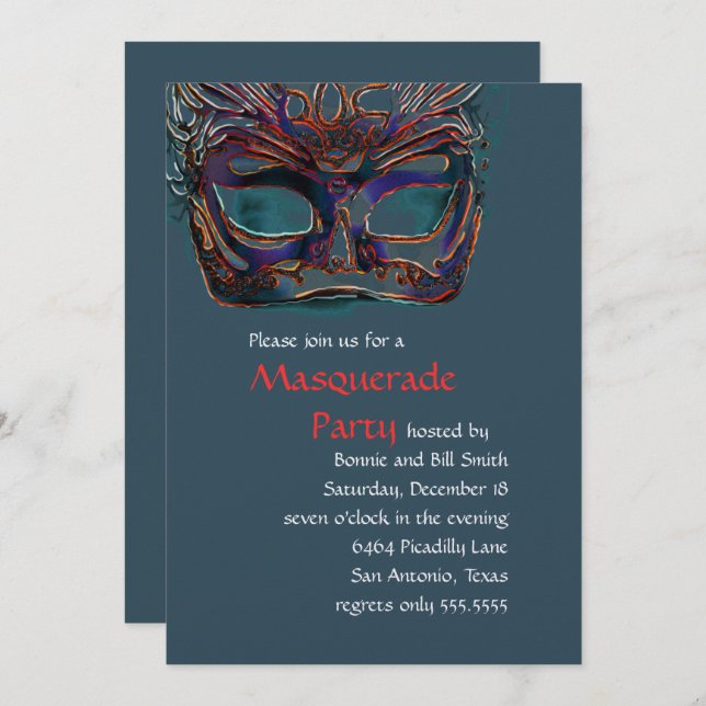 Invitation de fête masquée orange sarcelle et roug (Devant / Derrière)