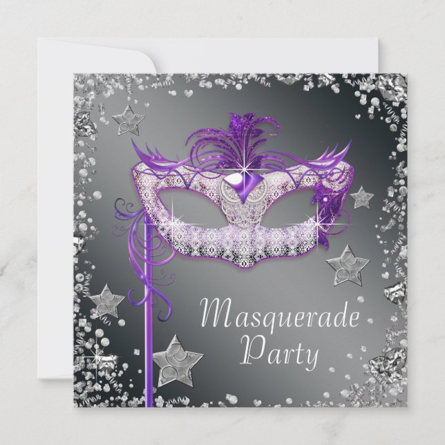 Invitation de fête masquée violette avec confettis (Devant)