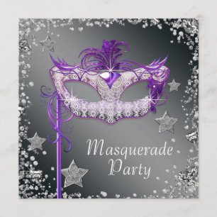 Invitation de fête masquée violette avec confettis