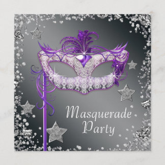 Invitation de fête masquée violette avec confettis