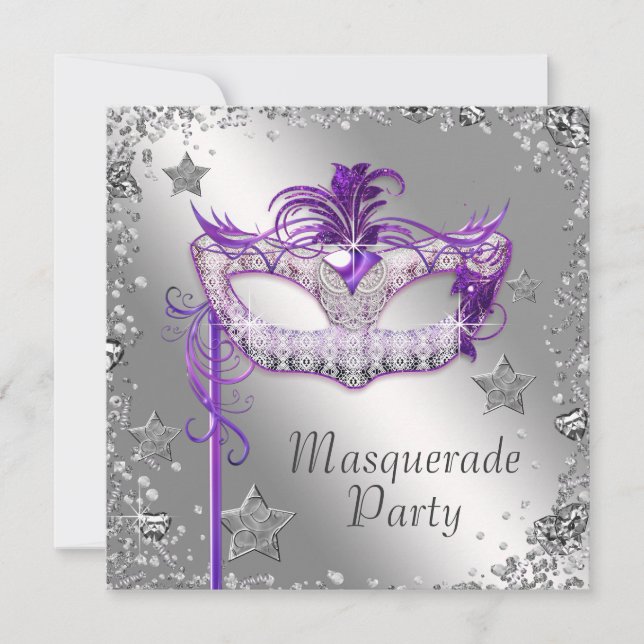 Invitation de fête masquée violette avec confettis (Devant)
