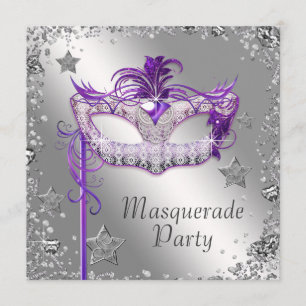 Invitation de fête masquée violette avec confettis