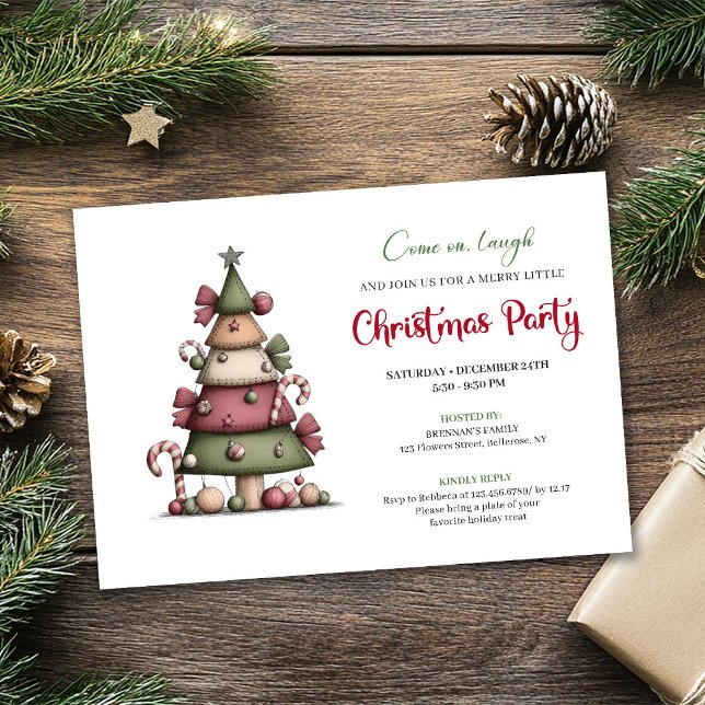 Invitation de fête mignonne et drôle de Noël en fo (Cute Funny Christmas Tree Cartoon Party Invitation)