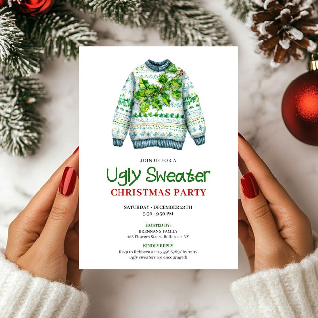 Invitation de fête minimale drôle et laide de pull (Minimalist Funny Ugly Sweater Party Invite)