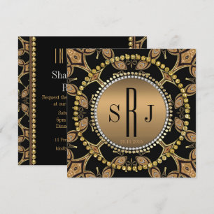 Invitation de fête Monogramme Noir Or Art Déco Bat