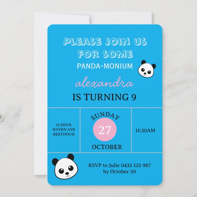 Invitation de fête ourson panda mignon – Personnal (Dos)