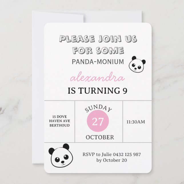Invitation de fête ourson panda mignon – Personnal (Dos)