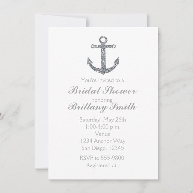 Invitation de fête pailletée argent à l'ancre naut (Devant)