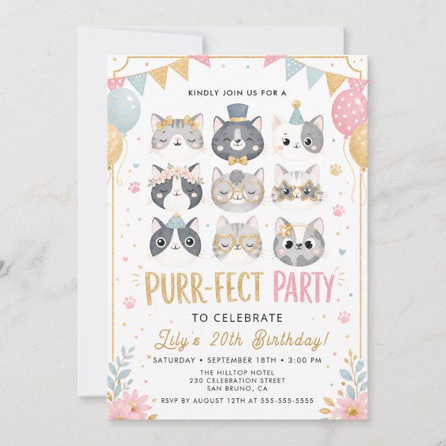 Invitation de fête parfaite pour Kitty pour filles (Devant)