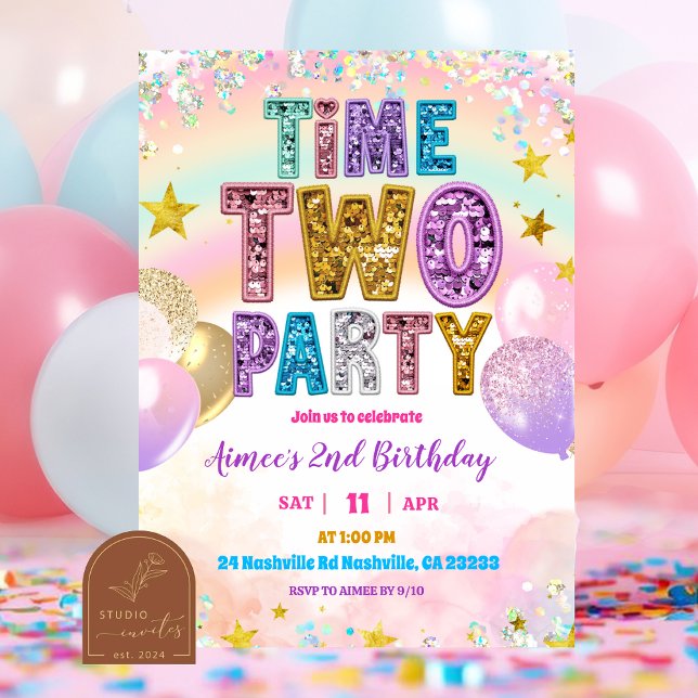 Invitation de fête Pastel Sequin Glitter Time TWO (Créateur téléchargé)