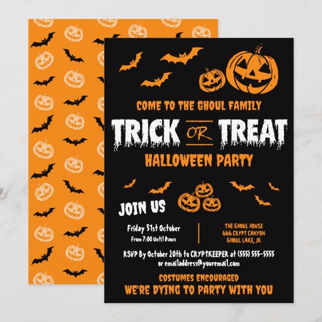 Invitation de fête personnalisable A pour Trick or (Devant / Derrière)