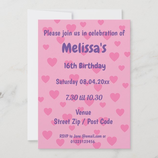 Invitation de fête personnalisée coeurs roses (Devant)