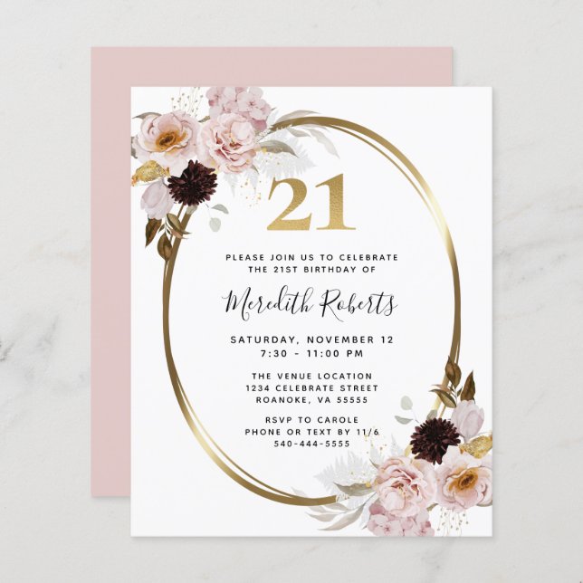Invitation de fête pour 21 ans avec rose florale d (Devant / Derrière)