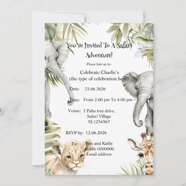 Invitation de fête pour bébé animaux de safari aqu (Devant)