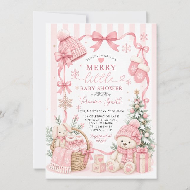Invitation de fête pour bébé rose en hiver pour un (Devant)