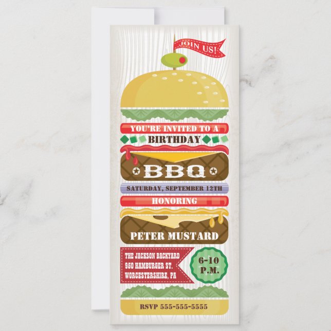 Invitation de fête pour hamburger BBQ empilé (Devant)