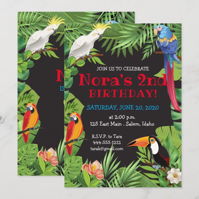 Invitation de fête pour oiseaux tropicaux (Devant / Derrière)