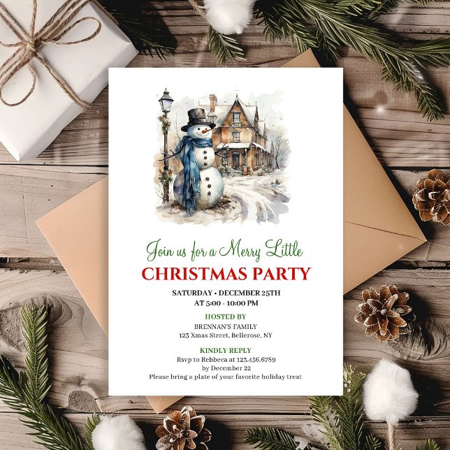 Invitation de fête pour une scène hivernale rouge  (Cheerful red green winter scene party invite)