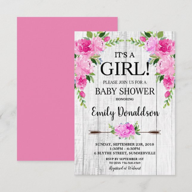 Invitation de fête prénatale Bohème Rose pour Bébé (Devant / Derrière)