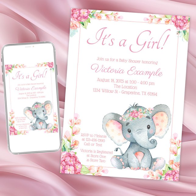 Invitation de fête prénatale éléphant fille à fleu (Girl elephant baby shower invitation. Instant download and printed invitations available.)
