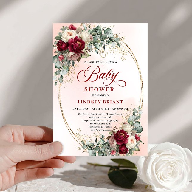 Invitation de fête prénatale luxueuse florale boho (Luxe Burgundy Floral Bohemian Baby Shower Invite)
