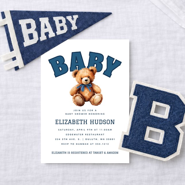 Invitation de fête prénatale Ourson Varsity Preppy (Preppy Varsity Teddy Bear Baby Shower Invitation)