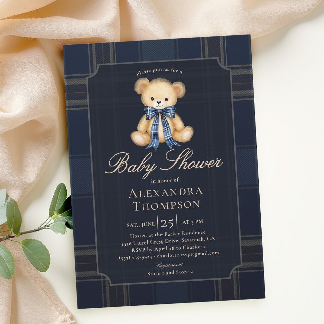 Invitation de fête prénatale pour garçon avec ours (preppy baby shower invitation teddy bear blue plaid bow elegant country club modern classic)
