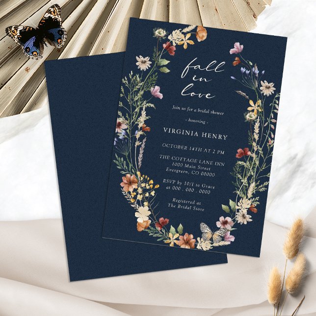 Invitation de fête prénuptiale Navy Fall In Love (Navy Blue Fall In Love Bridal Shower Invitation by Painted Paperie
)