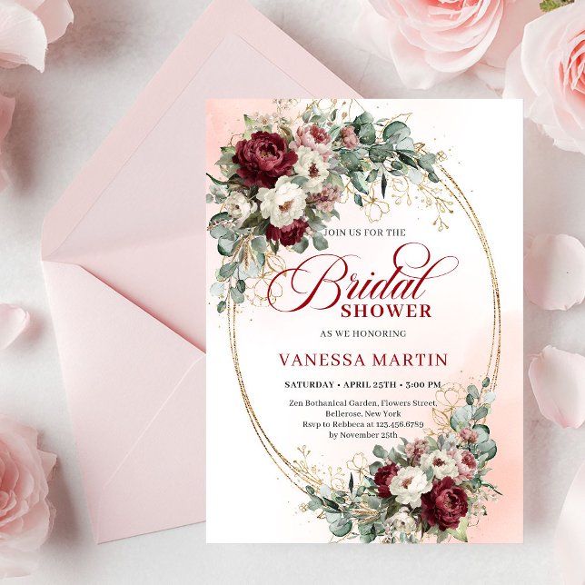 Invitation de fête prénuptiale tendance Bourgogne  (Trendy Burgundy Gold Greenery Bridal Shower Invite)