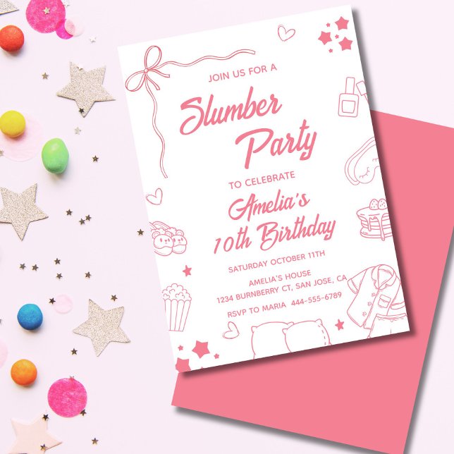 Invitation de fête pyjama Coquette pour filles (Pink coquette kids pajama party invite with bows, pastel details, and cute girly sleepover icons.)