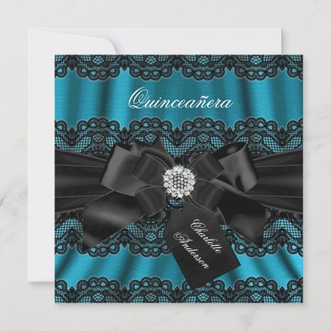 Invitation de fête Quinceanera Teal Black avec den (Devant)