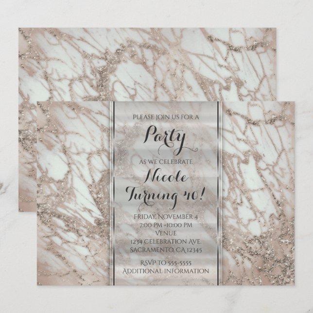 Invitation de fête Rose Gold Argent Glamour Marbre (Devant / Derrière)