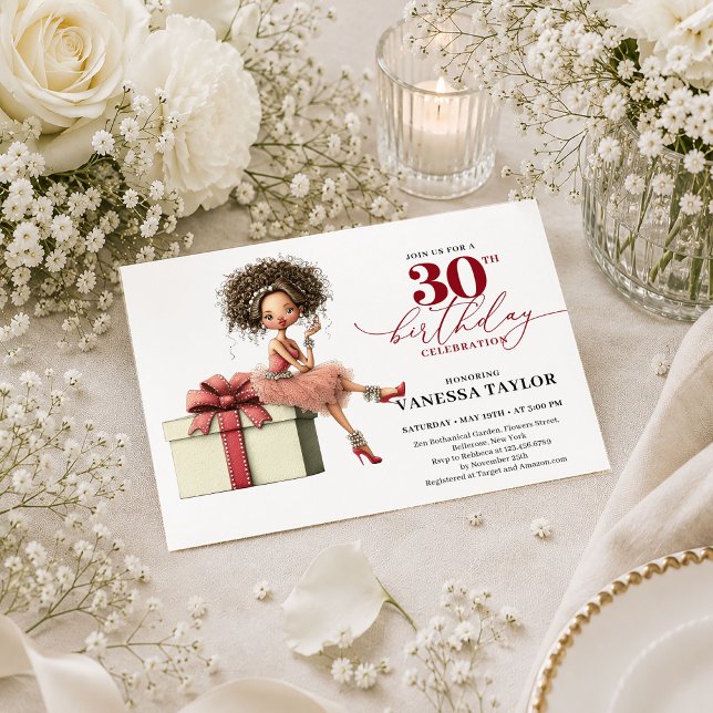 Invitation de fête rouge bordeaux pour les 30 ans  (Quirky Woman 30th Birthday Burgundy Red Party Invitation

)