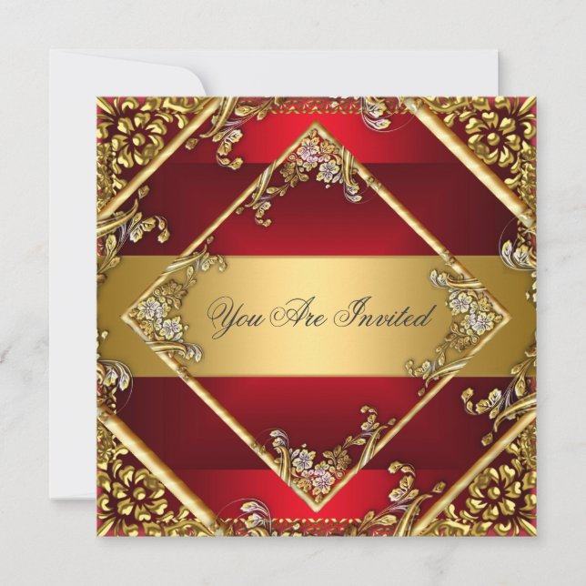 Invitation de fête rouge or Cadre floral (Devant)