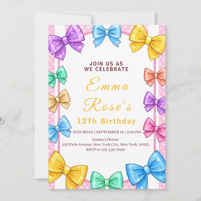 Invitation de fête ruban coloré pour filles (Devant)