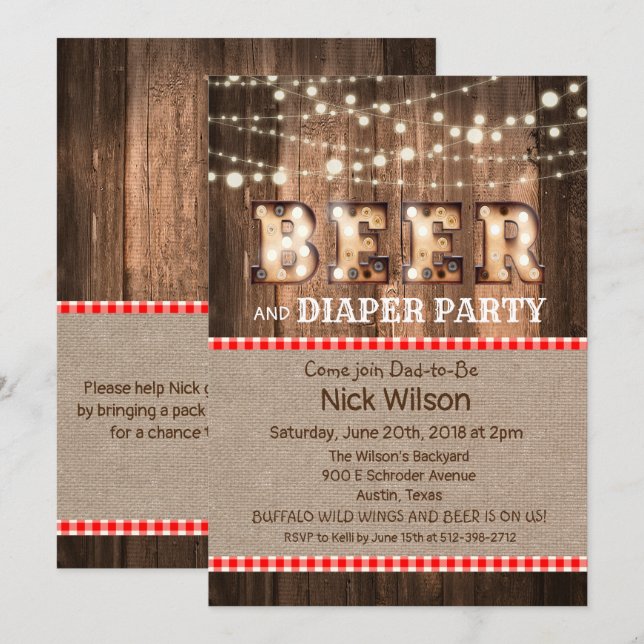 Invitation de fête rustique bière et couche (Devant / Derrière)