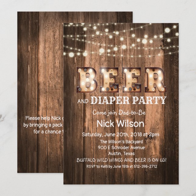 Invitation de fête rustique bière et couche (Devant / Derrière)