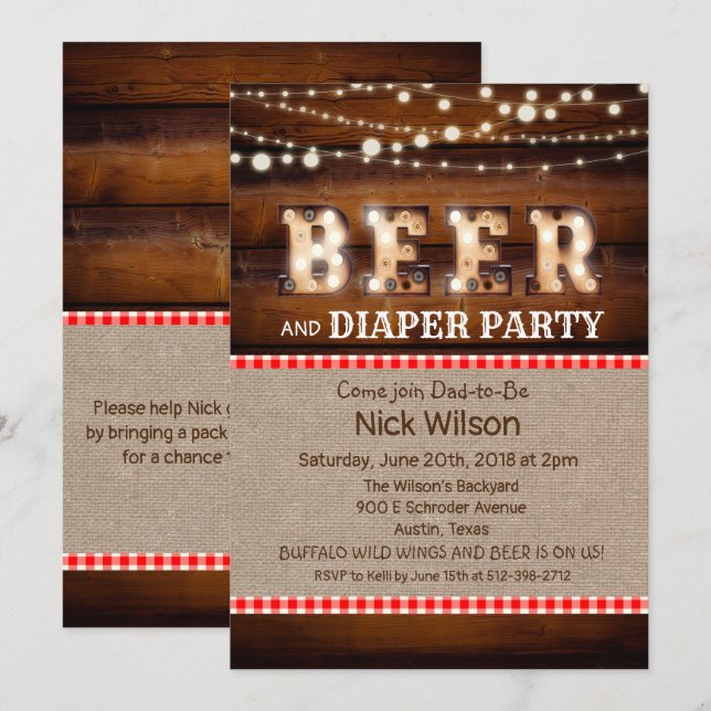 Invitation de fête rustique bière et couche (Devant / Derrière)