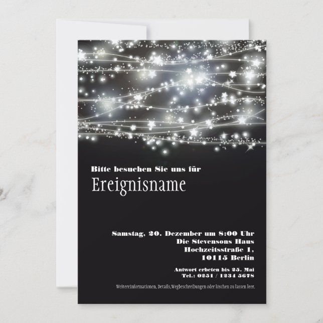 Invitation de fête scintillante étoiles noir et bl (Devant)